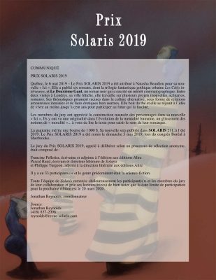 Natasha Beaulieu, récipiendaire du Prix Solaris 2019!